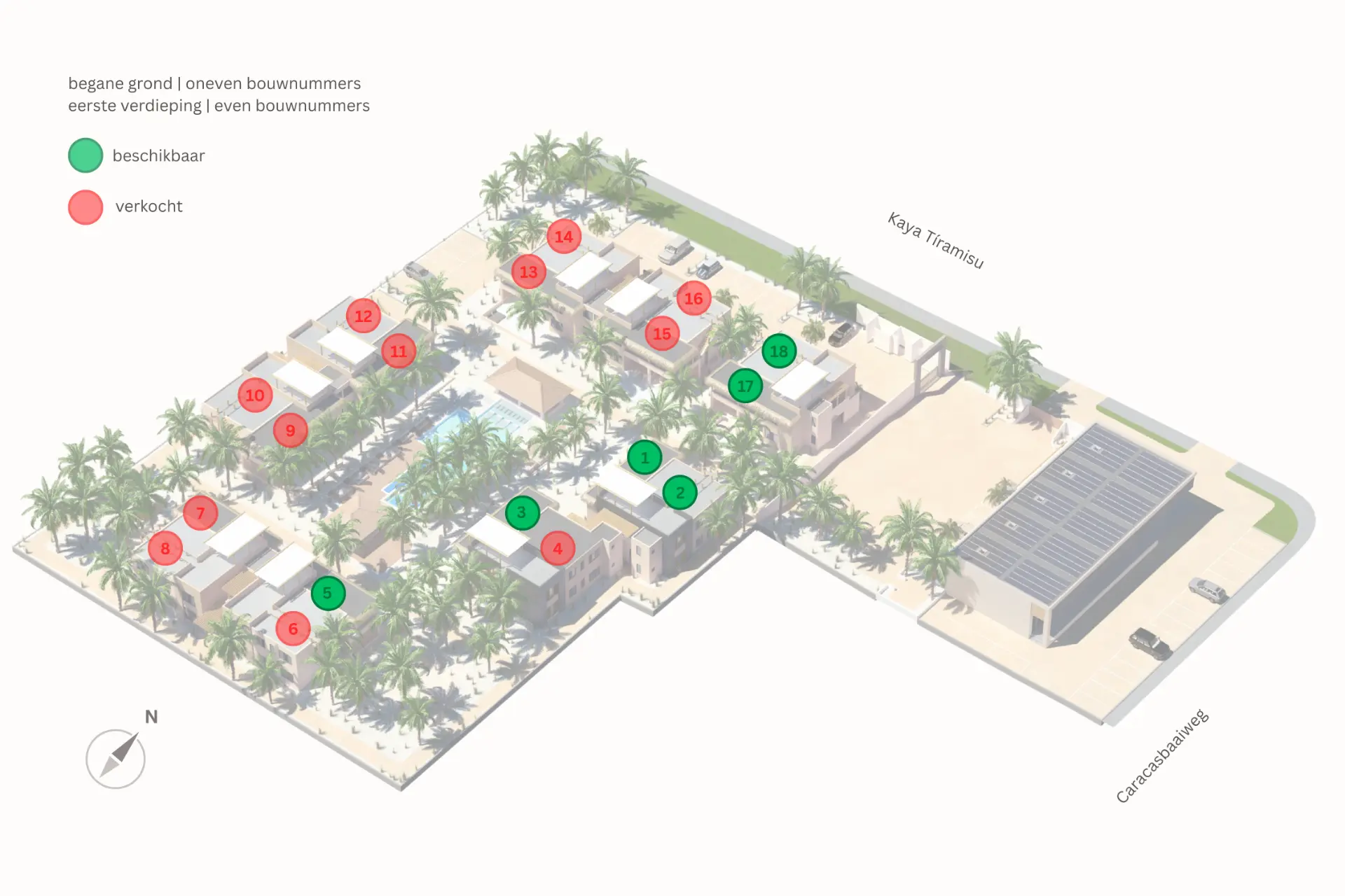 Situatietekening van Jan Thiel Residence met de bouwnummers
