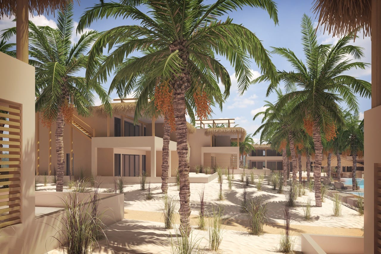 Vogelvlucht van Jan Thiel Residence met centraal zwembad en pooldeck